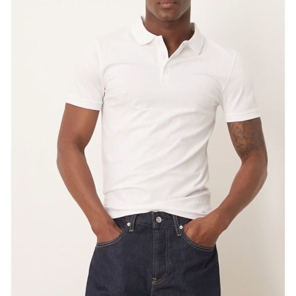 ASOS Design White Muscle Fit Polo Shirt Size Large Cotton Stretch